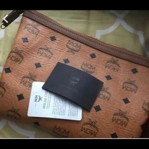 MCM Cognac Visetos Leather Zip Wristlet